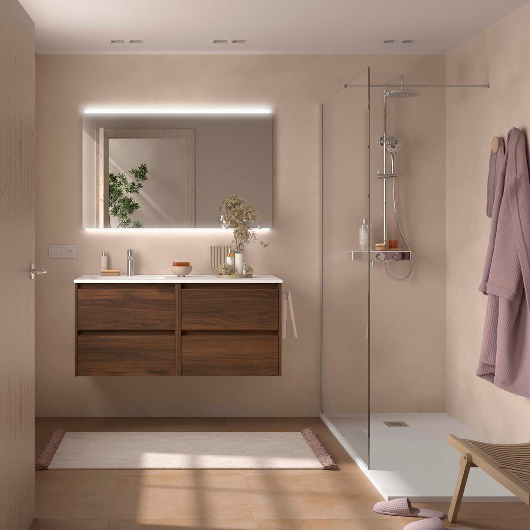 Salgar sgfd92725b368244d203e1 SALGAR IMAGES AND SHEETS/01 Product Images/Bathroom Furniture/118846 Noja Wall Hung Vanity Unit with 4 Doors, Offset Basin & Mirror - Walnut Maya/01.jpg