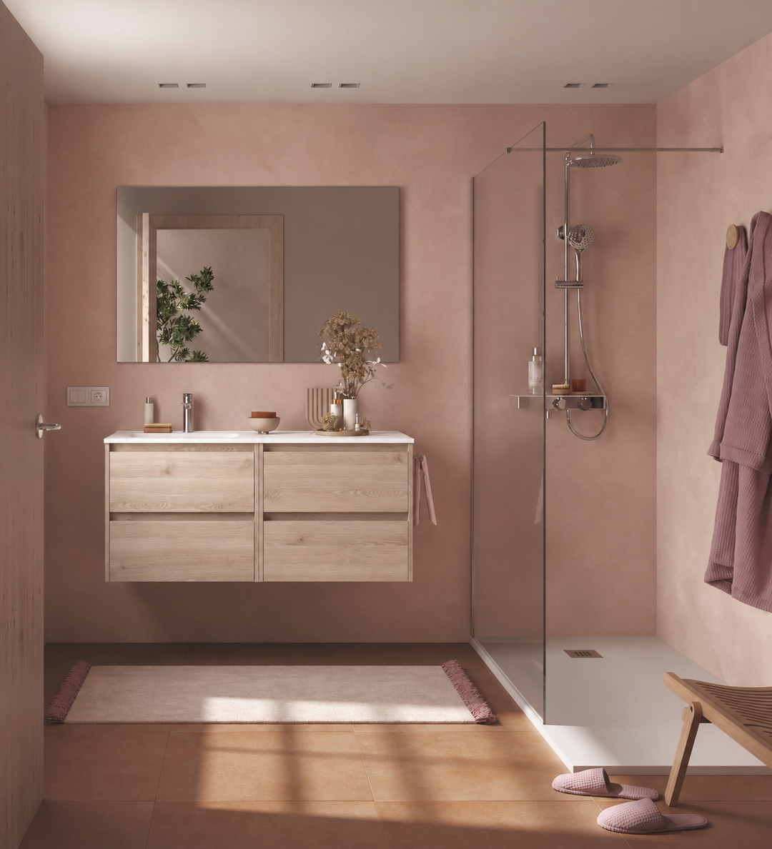 Salgar sgfe99869af81648f3cec3 SALGAR IMAGES AND SHEETS/01 Product Images/Bathroom Furniture/118804 Noja Wall Hung Vanity Unit with 4 Drawers & Offset Basin - Natural/01.png